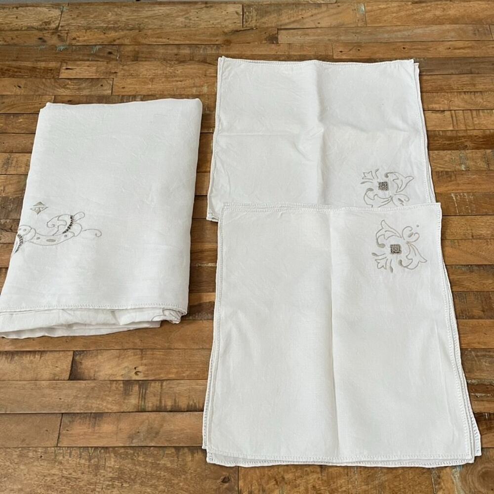 Vtg 1 Tablecloth & 10 Napkins Off-white Linen Taupe Embroidered Openwork Madeira